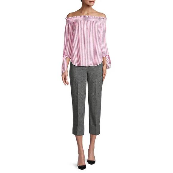 Michael Kors Women Pink Stripe Cerise Linen Off-the-Shoulder Blouse Top Size XS - Picture 1 of 5